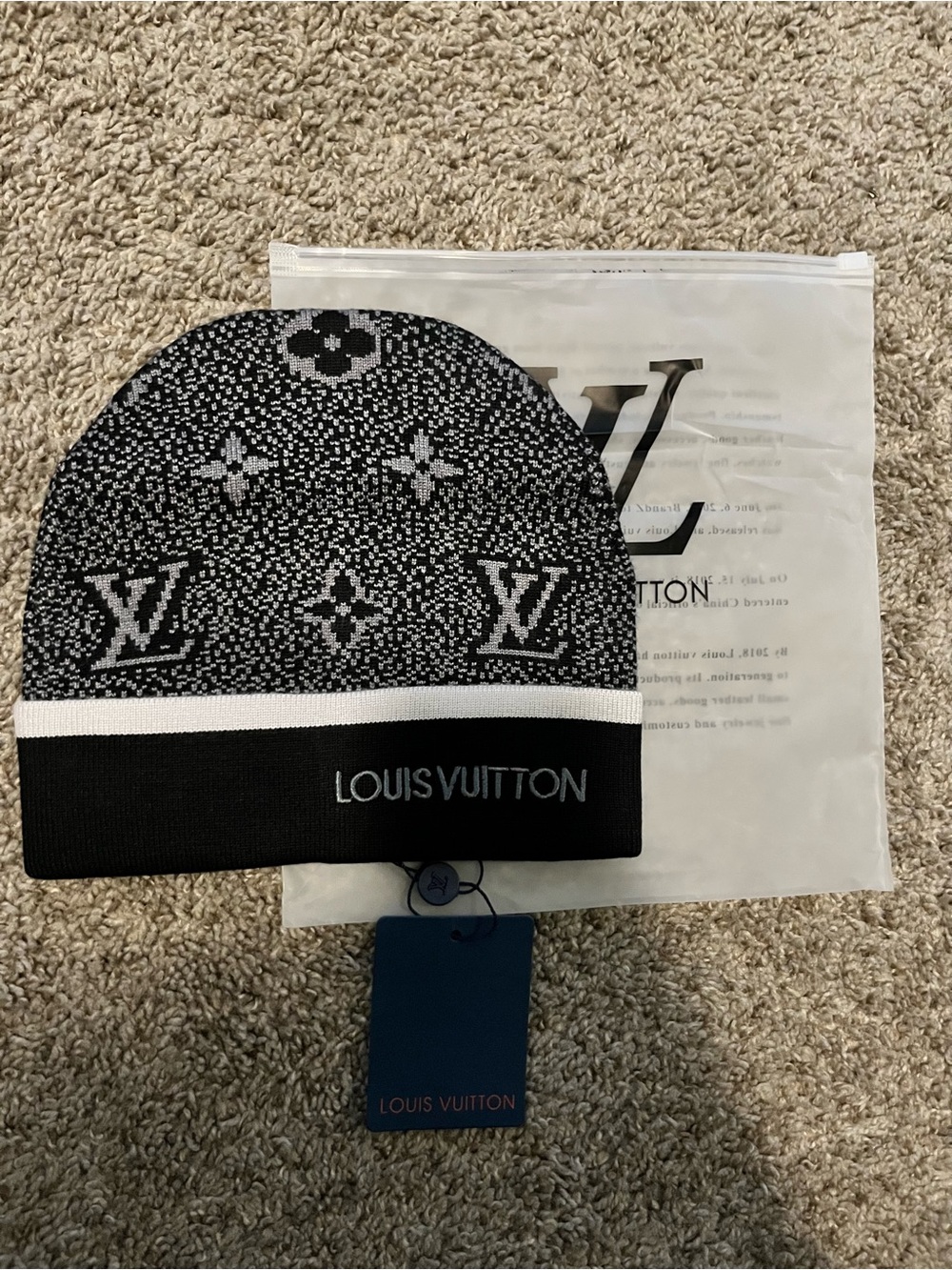 Louis Vuitton Black & White Monogram Beanie